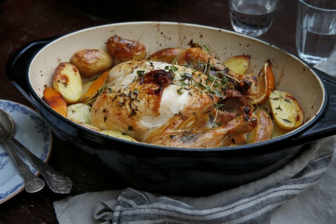 Viestads grytebakte kylling med timian, sitron og potetstappe Oppskrift